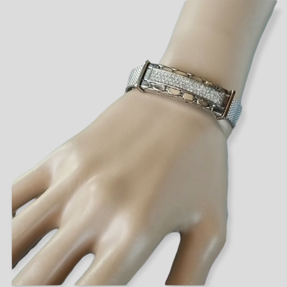 Vintage Buckle Bracelet Metal Mesh Pave Rhinestones Adjustable Band - Picture 3 of 16